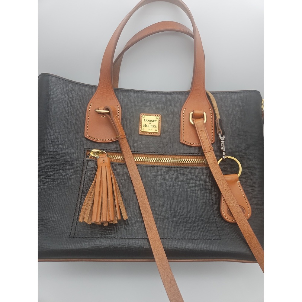Dooney & Bourke Patterson Leather Trina Satchel Black Tan Trim Crossbody Handbag
